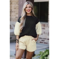 Black Color Block Quilted 3/4 Sleeve Top and Shorts Set - M thumbnail