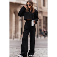 Black Zipped Collared Crop Top and Wide Leg Pants Set - XL thumbnail