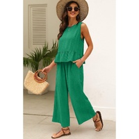 Green Solid Color Ribbed Ruffle Tank Top and Pants Set - S thumbnail
