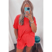 Orange Ribbed Textured Knit Loose Fit Tee and Shorts Set - S thumbnail