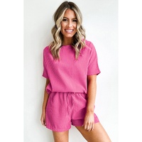 Rose Red Casual Textured Tee and Drawstring Shorts Set - L thumbnail