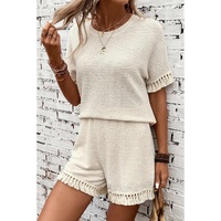 Beige Fringe Trim Textured Short Two Piece Set - XL thumbnail