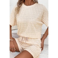 Beige Frill Textured Short Sleeve Top and Drawstring Shorts Set - S thumbnail