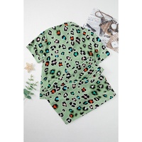 Green Leopard Print Short Sleeve Shirt and Wide Leg Pants Set - M thumbnail