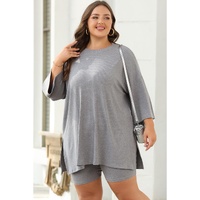 Light Grey Solid Color Loose Tunic Top and Slim Shorts Set - 2XL thumbnail