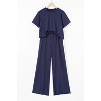 Navy Blue Raw Hem Loose Tee and Wide Leg Pants Set - XL thumbnail