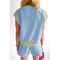 Blue Contrast Trim Cap Sleeve Tee Shorts Set - 2XL thumbnail