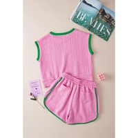 Pink Contrast Trim Cable Textured Shorts Set - L thumbnail