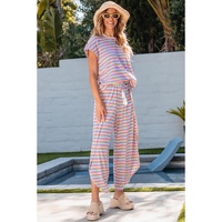 Pink Stripe Rainbow Tee Tasseled String Wide Leg Pants Set - L thumbnail