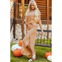 Yellow Stripe Rainbow Tee Tasseled String Wide Leg Pants Set - L thumbnail