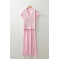 Light Pink Textured Short Sleeve Henley Top and Pocketed Wide Leg Pants - L thumbnail