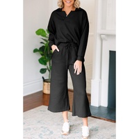 Black Solid Textured Collared V Neck Top and Wide Leg Pants Set - 2XL thumbnail