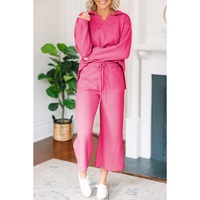 Bonbon Solid Textured Collared V Neck Top and Wide Leg Pants Set - M thumbnail