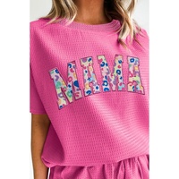 Rose Red MAMA Embroidered Leopard Letters Waffle Short Set - L thumbnail