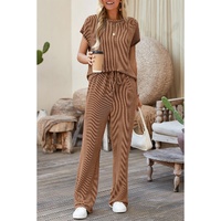 Coffee Solid Color Corded Short Sleeve Top and Casual Pants Set - M thumbnail