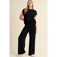 Black Solid Color Corded Short Sleeve Top and Casual Pants Set - L thumbnail