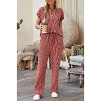 Mineral Red Solid Color Corded Short Sleeve Top and Casual Pants Set - L thumbnail