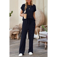 Navy Blue Solid Color Corded Short Sleeve Top and Casual Pants Set - M thumbnail