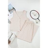 Apricot Buttoned V Neck Tank Top and Wide Leg Pants Casual Outfit - XL thumbnail