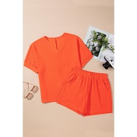 Orange Textured V Neck T Shirt and Shorts Set - XL thumbnail