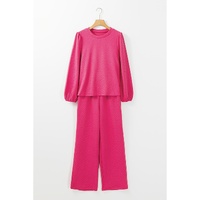 Rose Red Textured Puff Sleeve Top and Pants Set - M thumbnail