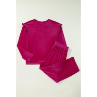 Rose Red Solid Velvet Ruffled Two Piece Pants Set - XL thumbnail