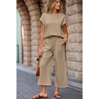 Parchment Solid Color Textured Short Sleeve Top and Casual Pants Set - M thumbnail