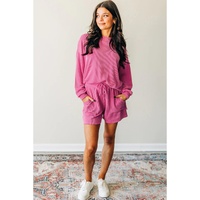 Strawberry Pink Corded Textured Long Sleeve Top and Shorts Set - L thumbnail