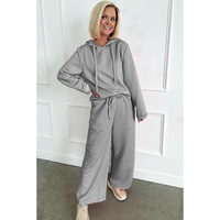 Gray Solid Color Drawstring Hoodie and Wide Leg Pants Set - S thumbnail