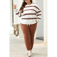 Brown Stripe Striped Drop Shoulder Pullover and Jogger Pants Set - M thumbnail