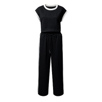 Black Cable Knit Contrast Trim Short Sleeve Top and Pants Set - L thumbnail