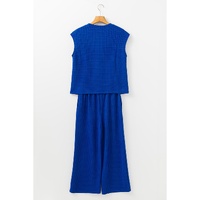 Sky Blue Textured Knit Cap Sleeve T Shirt and Wide Leg Pants Set - M thumbnail