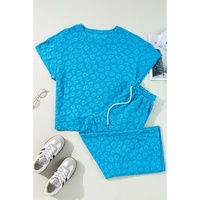 Blue Leopard Jacquard Short Sleeve Top and Wide Leg Pants Set - S thumbnail