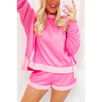 Sachet Pink High Low Patchwork Long Sleeve Top and Shorts Set - S thumbnail