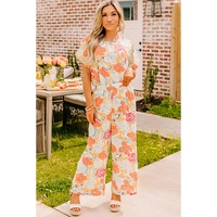Orange Vibrant Floral Printed Short Sleeve Top 2 Piece Pants Set - M thumbnail