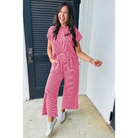 Bright Pink Solid Corded Knit Short Sleeve T Shirt and Wide Leg Pants Set - S thumbnail