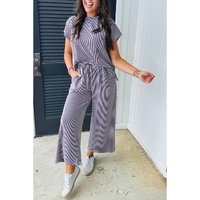 Wild Wind Solid Corded Knit Short Sleeve T Shirt and Wide Leg Pants Set - M thumbnail