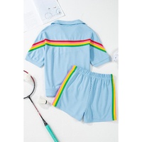 Sky Blue Rainbow Colorblock Collared Short Sleeve Top 2 Piece Shorts Set - S thumbnail