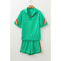 Sea Green Rainbow Colorblock Collared Short Sleeve Top 2 Piece Shorts Set - XL thumbnail
