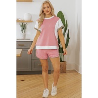 Pink Textured Colorblock Patchwork Tee Two Piece Shorts Set - L thumbnail