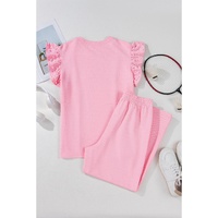 Pink Textured Pearled Ruffled Sleeve Wide Leg Pants Set - S thumbnail