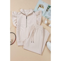 Apricot Textured Ruffled Sleeve Zipped Top and Wide Leg Pants Set - M thumbnail