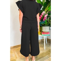 Black Textured Ruffled Sleeve Zipped Top and Wide Leg Pants Set - M thumbnail