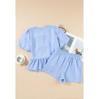 Sky Blue Striped Bowknot Detail Puffy Sleeve Top and Shorts 2Pcs Set - L thumbnail