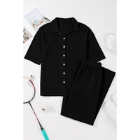 Black Solid Color Textured Buttoned Shirt and Casual Pants Set - S thumbnail