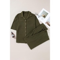 Four Leaf Clover Solid Color Textured Buttoned Shirt and Casual Pants Set - 2XL thumbnail