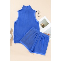 Sky Blue Corded Collared Half Zip Tank Top Two Piece Shorts Set - XL thumbnail
