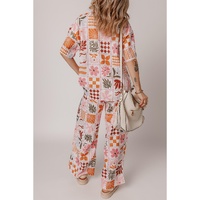 Orange Plant Checkered Print Collared Shirt and Wide Leg Pants Set - L thumbnail