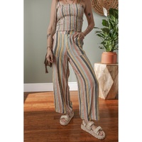 Multicolour Vertical Striped Smocked Cami Top Wide Leg Pants Set - XL thumbnail