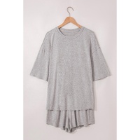 Gray Solid Color Loose Tee 2 Piece Shorts Set - L thumbnail
